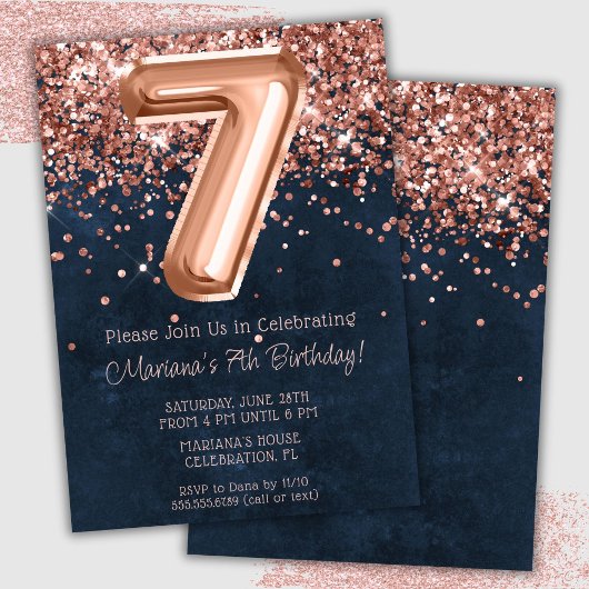Rose Gold Navy Blue 7th Birthday Party Invitation