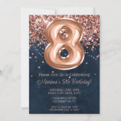 Rose Gold Navy Blue 8th Birthday Party Invitation (Devant)