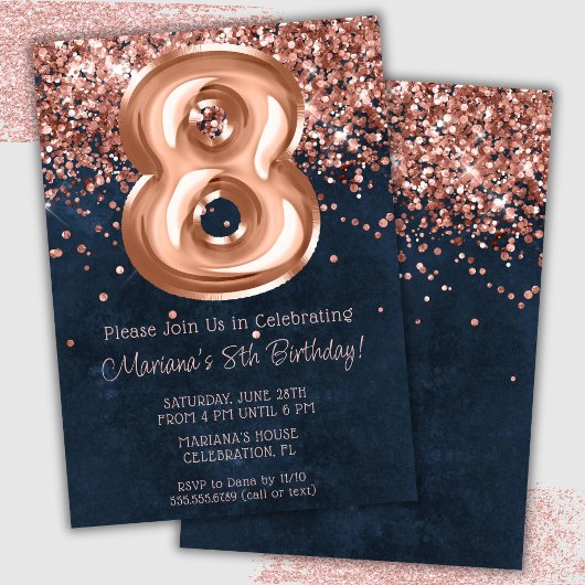Rose Gold Navy Blue 8th Birthday Party Invitation