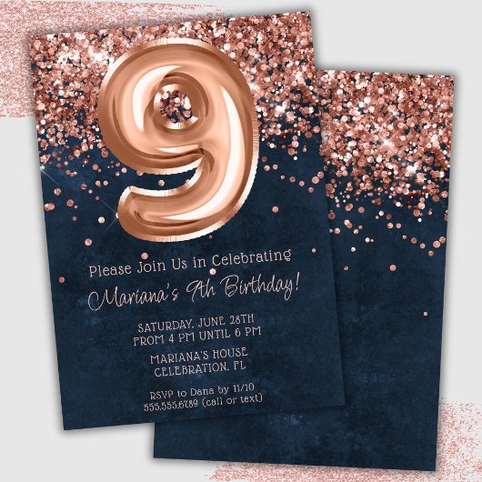 Rose Gold Navy Blue 9th Birthday Party Invitation