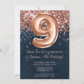 Rose Gold Navy Blue 9th Birthday Party Invitation (Devant)