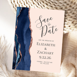 Rose Gold Navy Blue Agate Blush Faire-Part de Mari