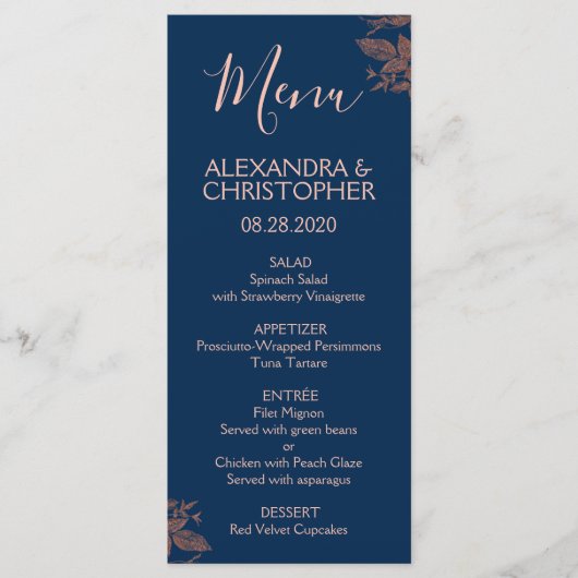 Rose Gold Navy Blue Floral Elegant Wedding Menu (Devant)