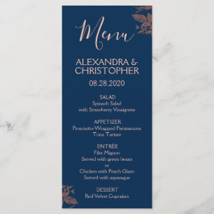 Rose Gold Navy Blue Floral Elegant Wedding Menu