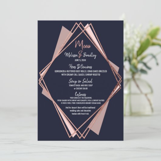 Rose Gold Navy Blue Mauve Geometry Mariage Menu (Debout devant)