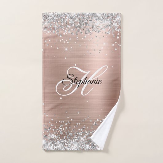 Rose Gold Pailleté Argent Monogramme Fantaisie (Serviette à main)