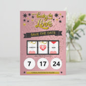 Rose Gold Pailleté Chanceux en Amour Save the Date (Debout devant)