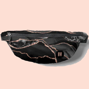 Rose Gold Pailleté Marbre d'Agate Noir Élégant 