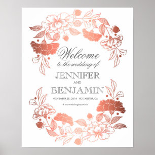 Rose Gold Peonies Élégante Affiche de bienvenue de