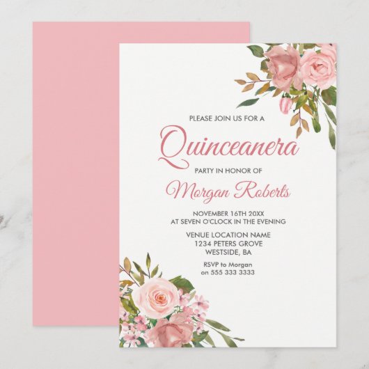 Rose Gold & Pink Flowers Quinceanera Invitation du (Devant / Derrière)