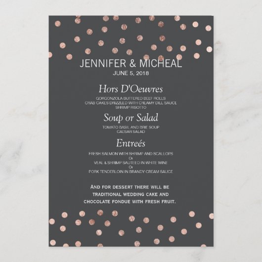 Rose Gold Pois Charcoal Black Mariage Menu (Devant)