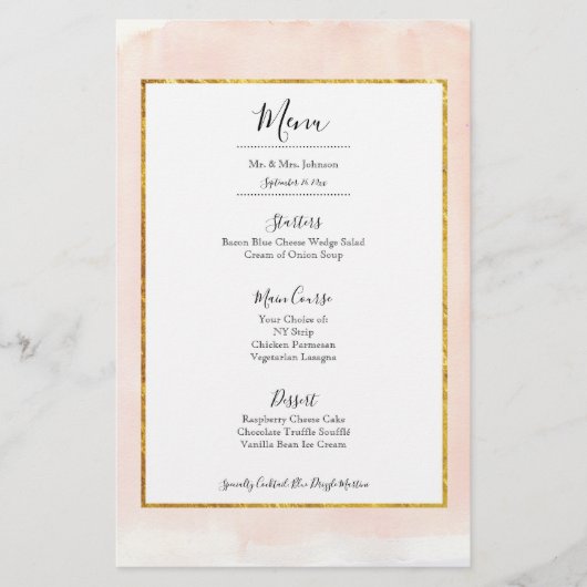 Rose Gold Rose Aquarelle Mariage Dîner Menu (Devant)