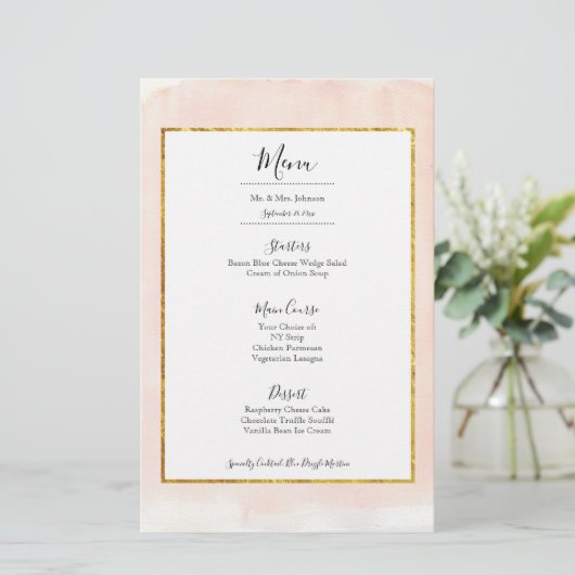 Rose Gold Rose Aquarelle Mariage Dîner Menu (Debout devant)