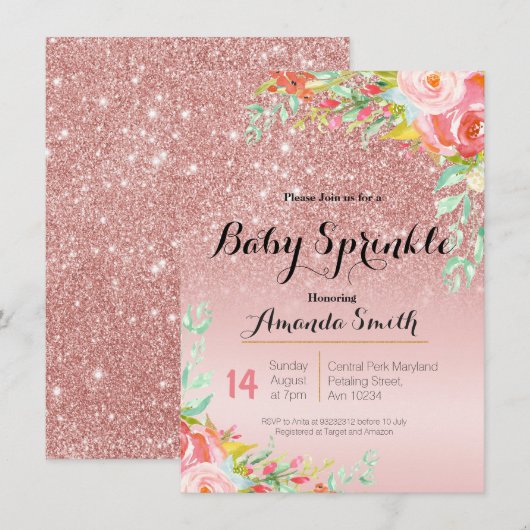 Rose Gold Rose Baby Invitation à saupoudrer Floral (Devant / Derrière)