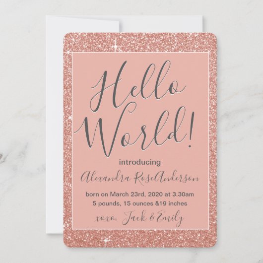 Rose Gold Rose Hello World Baby Girl Faire-part (Devant)