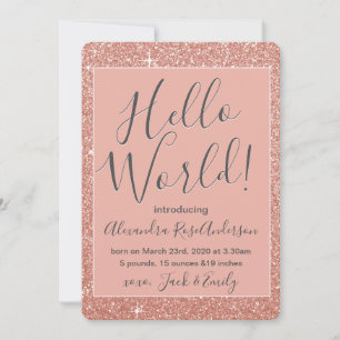 Rose Gold Rose Hello World Baby Girl Faire-part