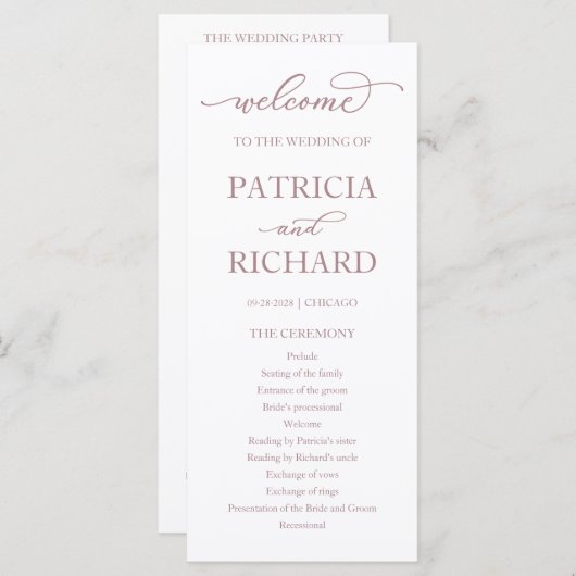 Rose Gold Script Mariage programme de cérémonie (Devant / Derrière)