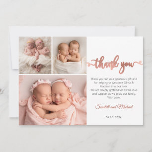 Rose Gold Script Meisjes Tweeling Baby's 3 Foto Co Bedankkaart