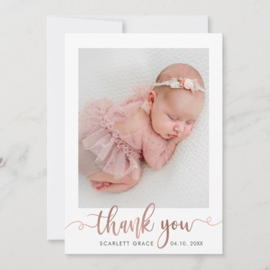 Rose Gold Script Minimaliste Baby Photo Merci (Devant)