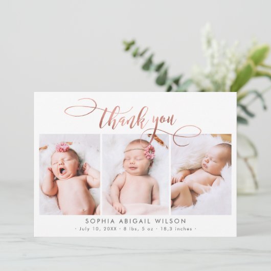 Rose Gold Script Nouveau-Né 3 Bébé Photo Merci (Debout devant)