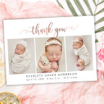 Rose Gold Script Nouveau-né 3 Photo Collage Merci<br><div class="desc">Rose moderne élégant Gold Script 3 Photo Collage Nouveau-né Merci Faire-part de naissance de bébé. Dispose d'un joli texte "merci" dans une calligraphie manuscrite tourbillonnant de queue d'escargot en rose vif script FAUX sur arrière - plan blanc. Le message personnel préfabriqué et les statistiques sur la naissance avec le nom...</div>