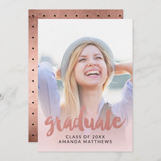 Rose Gold Script Photo Graduation Faire-part (Devant / Derrière)