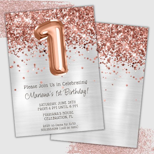 Rose Gold Silver 1er anniversaire fête Invitation