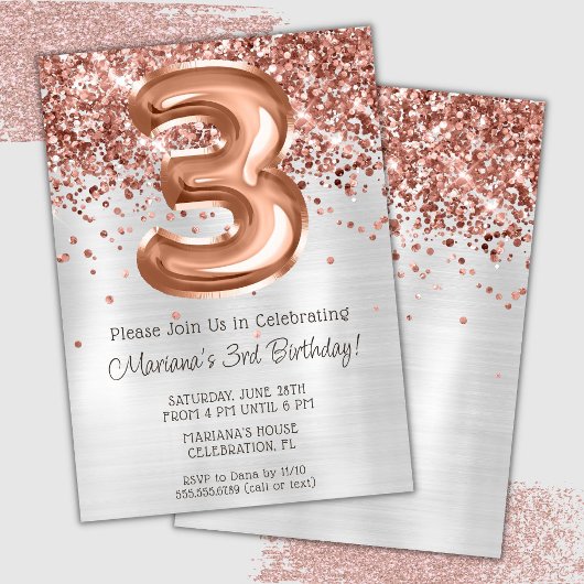 Rose Gold Silver 3e anniversaire fête Invitation