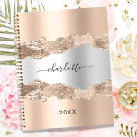 Rose gold silver metal agate marble name 2024<br><div class="desc">Rose gold and faux silver metal and agate,  marble stone print as background.  Personalize and add your name. The name is written with a modern hand lettered style script.</div>