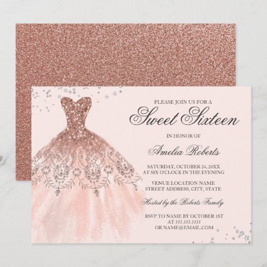 Rose Gold Sparkle robe Sweet sixteen Invitation (Devant / Derrière)