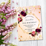 Rose gold stars florals birthday invitation magnet<br><div class="desc">An invitation magnet for a 50 years old, 50th (or any age) birthday party. A rose gold, blush pink colored ombre background with a faux gold geometric frame. Decorated with dark purple and burgundy flowers, roses and boho style feathers. Faux gold stars dripping. Personalize and add a name and party...</div>