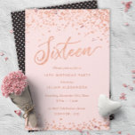 Rose Gold Sweet sixteen Party Invitation Faux Foil<br><div class="desc">Rose Gold Sweet 16 Anniversaire Invitations de fête : Joli confetti d'or rose 16e anniversaire conception d'invitation de fête avec brillant rose feuille d'or look confetti pois. or rose "Seize" écrit en écriture manuscrite typographie. Le lettrage contemporain remplit les détails de la fête. [Notez que même si les éléments de...</div>