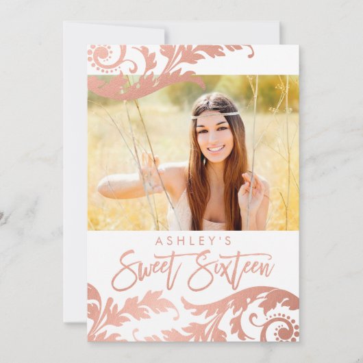 Rose Gold Swirls Photo Sweet 16 Invitations (Devant)