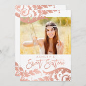 Rose Gold Swirls Photo Sweet 16 Invitations (Devant / Derrière)