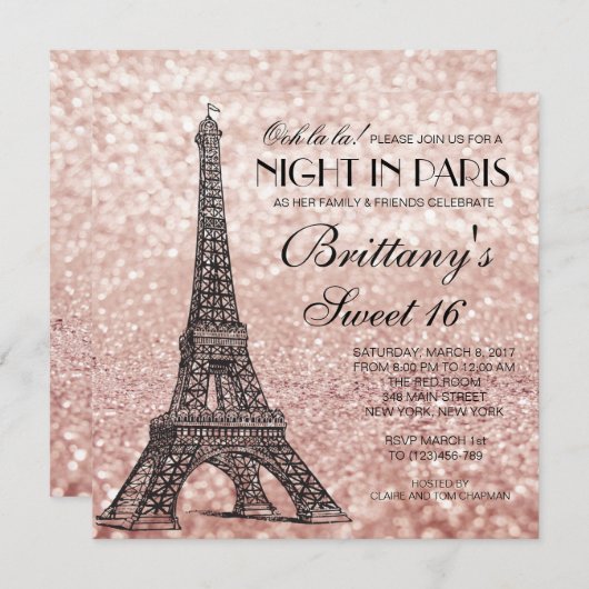 Rose Gold Tour Eiffel Paris Sweet 16 Invitation (Devant / Derrière)