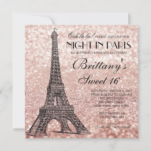 Rose Gold Tour Eiffel Paris Sweet 16 Invitation (Devant)