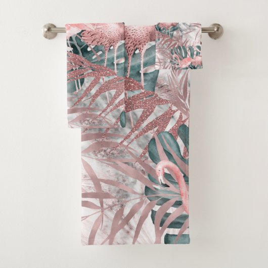Rose Gold Tropical Flamants roses Feuilles et marb (En situation)