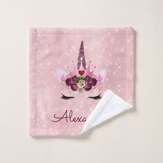 Rose Gold Unicorn Éparkle Princesse Monogramme Nom (Gant de toilette)