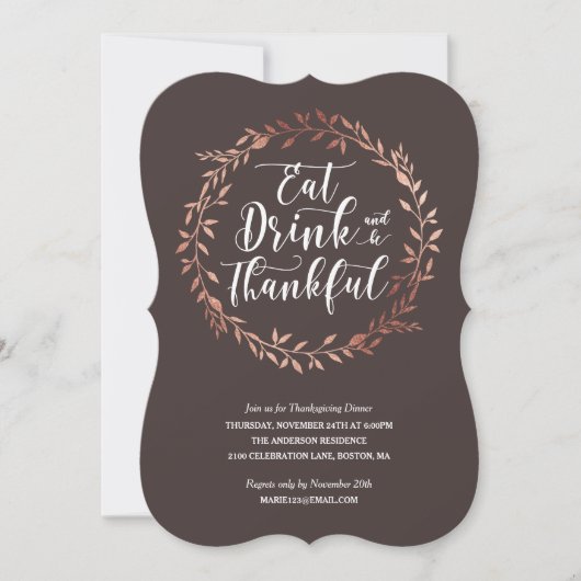 Rose Gold Wreath Thanksgiving Dîner Invitation (Devant)