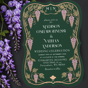 Rose Goud Art Nouveau Paarse Wisteria Bruiloft Kaart