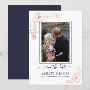 Rose Goud Bloemendecoratie Navy Foto Bruiloft Save Kaart