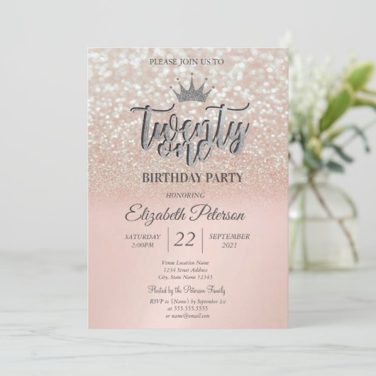 Rose Goud Glitter Bokeh Ombre, Tiara 21e Verjaarda Kaart (Staand voorkant)