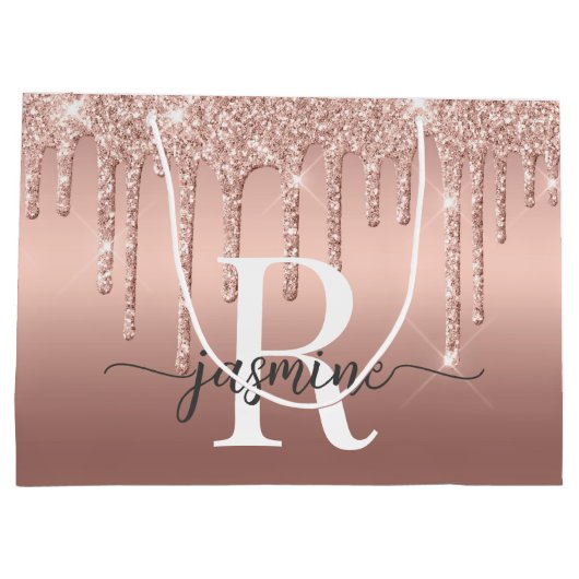 Rose Goud Glitter Drips Monogram Script Metaal Groot Cadeauzakje (Achterkant)