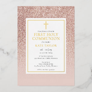Rose Goud Glitter Eerste Heilige Communie Goud Folie Uitnodiging