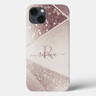 Rose Goud Glitter Monogram Naam Persoonlijk  iPhone 13 Hoesje