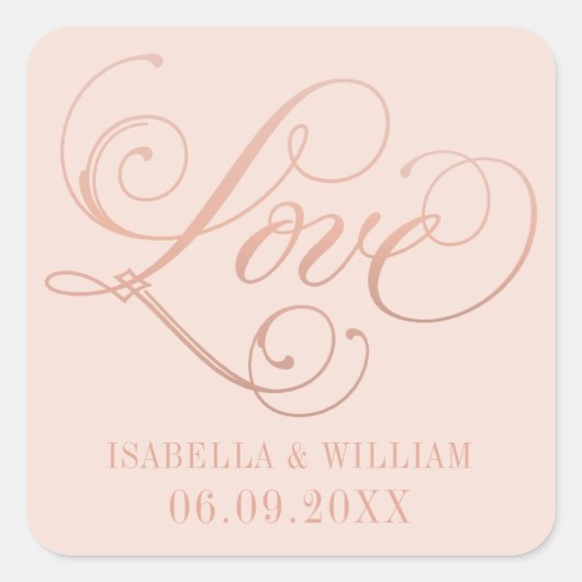 Rose Goud Liefde Script Blush Monogram Vierkante Sticker (Voorkant)