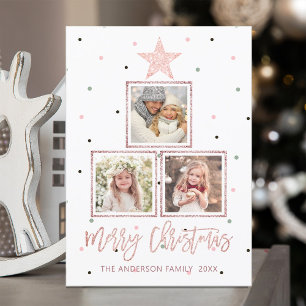 Rosé goud Modern Merry Kerstmis 3 Foto Feestdagenkaart