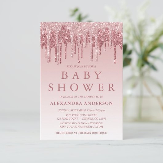 Rosé goud | Roze Sparkle Glitter Baby shower Kaart (Staand voorkant)
