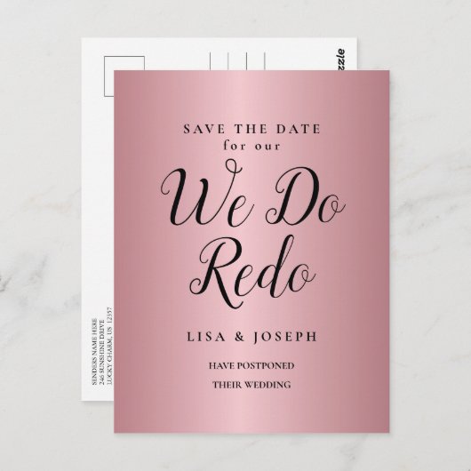 Rose Goud Uitgesteld Bewaar de Datum We Do Redo Briefkaart (Voorkant / Achterkant)