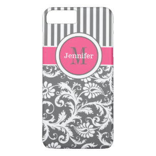 rose, gris, blanc rayé, Damas iPhone 7 Coque